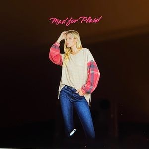 Cotton Bleu cream top with plaid sleeves